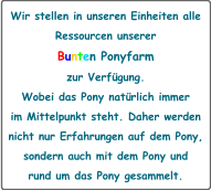 Wir stellen in unseren Einheiten alle Ressourcen unserer Bunten Ponyfarm zur Verfgung. Wobei das Pony natrlich immer  im Mittelpunkt steht. Daher werden  nicht nur Erfahrungen auf dem Pony, sondern auch mit dem Pony und  rund um das Pony gesammelt.